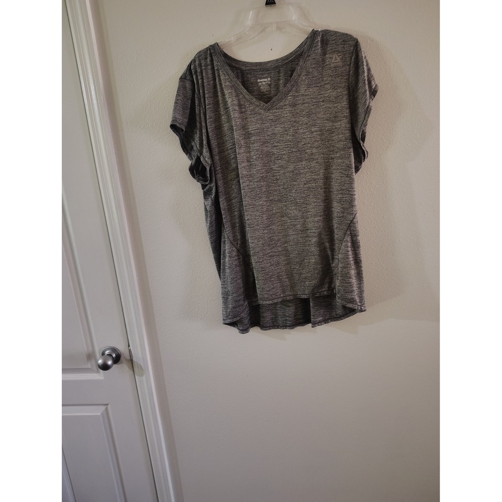 Reebok Womens 2X Grey Heathered V-Neck Short Sleeve Activewear T-Shirt Top
